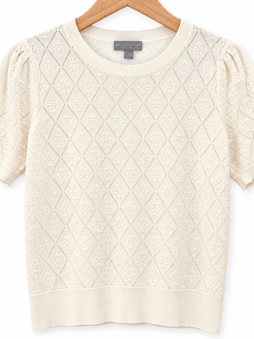 Evolution by Cyrus Ivory Pointelle Knit Short Sleeve Sweater Top L